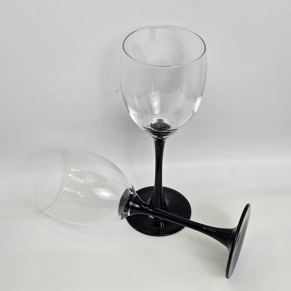 Vintage Luminarc Domino Black Stem Wine Glasses Set of 2 France Clear Bowl 8